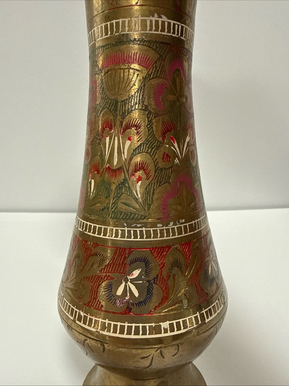 Solid Brass Decorative Vase with Red Accents hand etched from Saudi Arabia - Picture 7 of 11
